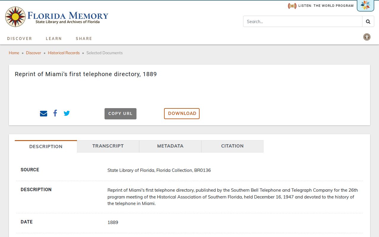 Florida Memory item page for the digitized 1889 Miami telephone directory