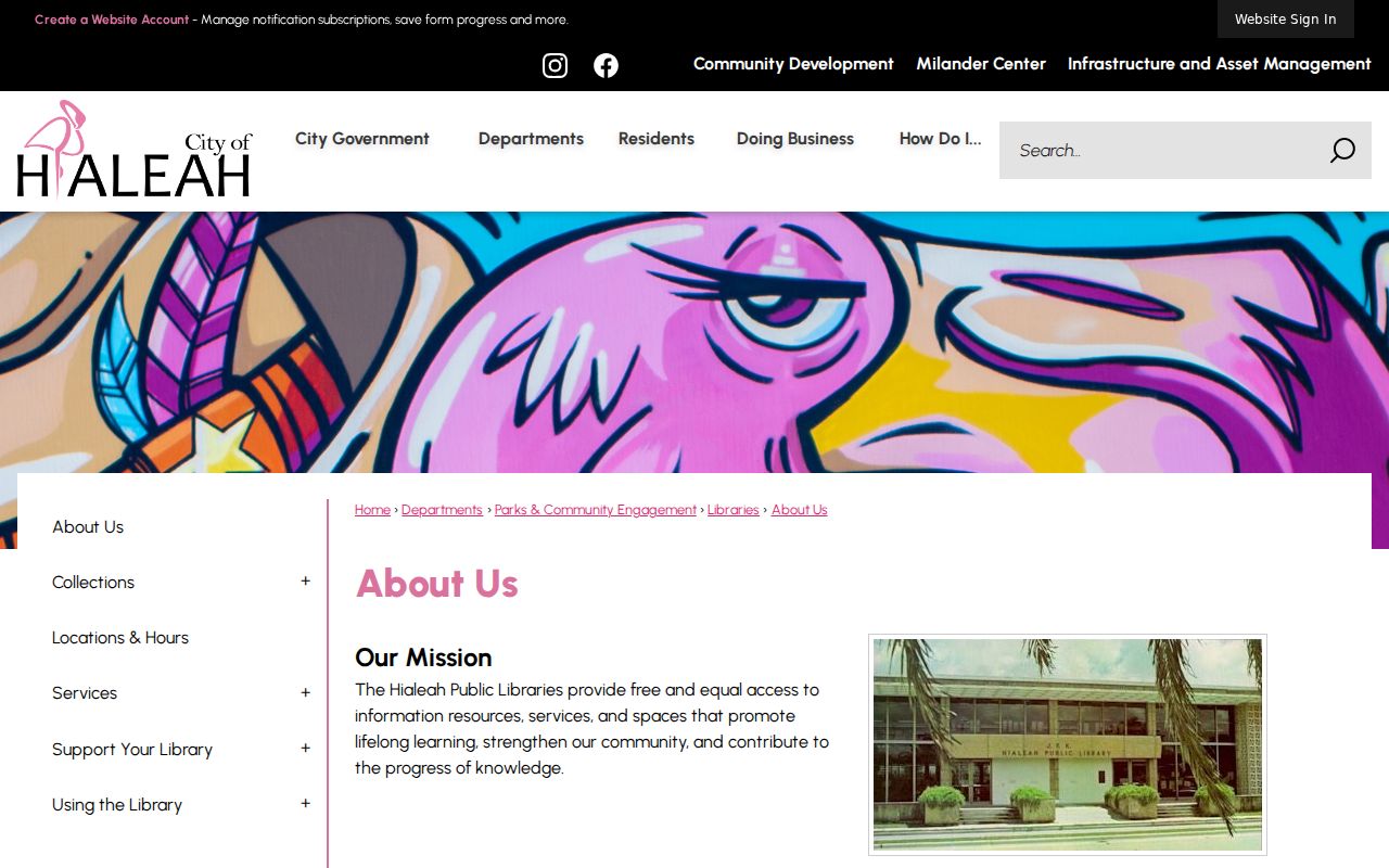 City of Hialeah public library history page describing the local collection's origins