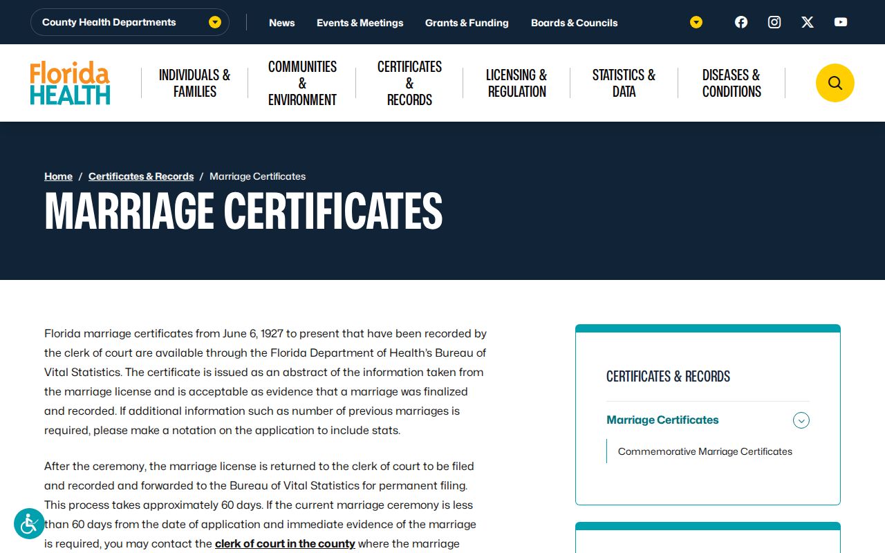 Hialeah previous residents Florida marriage certificate instructions